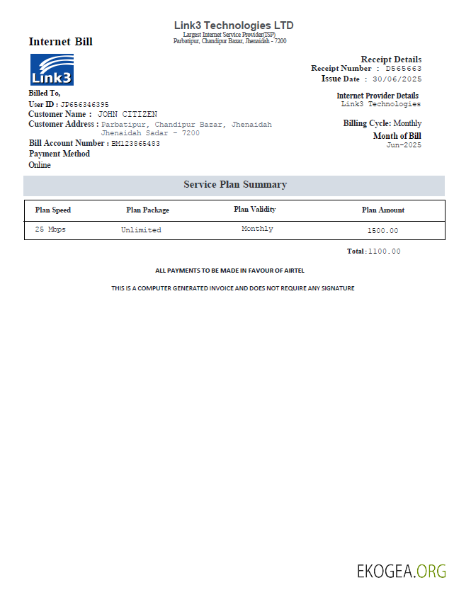 Bangladesh Link3 Technologies LTD utlity bill template in Word and PDF formats